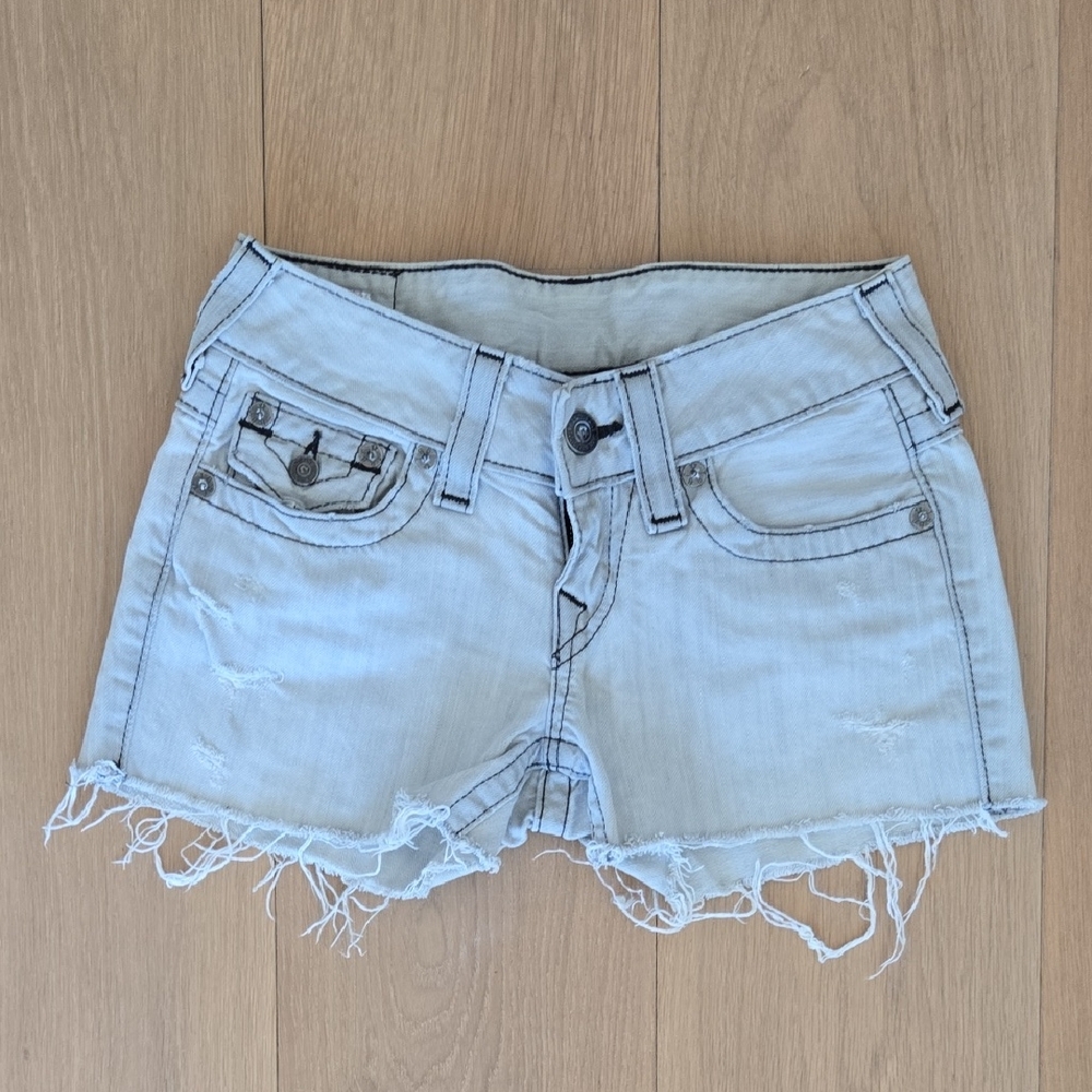 True Religion Light Blue Frayed Jean Shorts